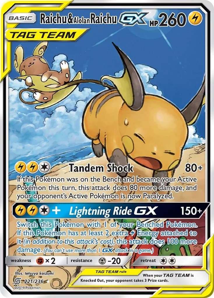 Raichu & Alolan Raichu GX Unified Minds 221 Pokémon card