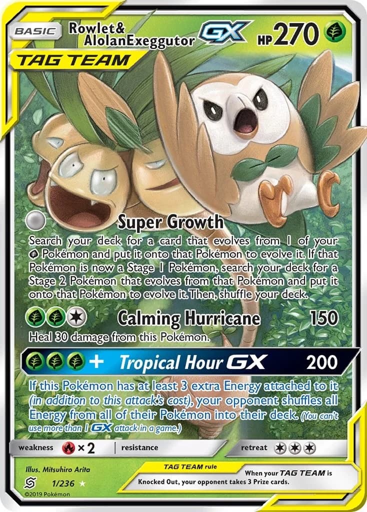 Rowlet & Alolan Exeggutor GX Unified Minds 1 Pokémon card