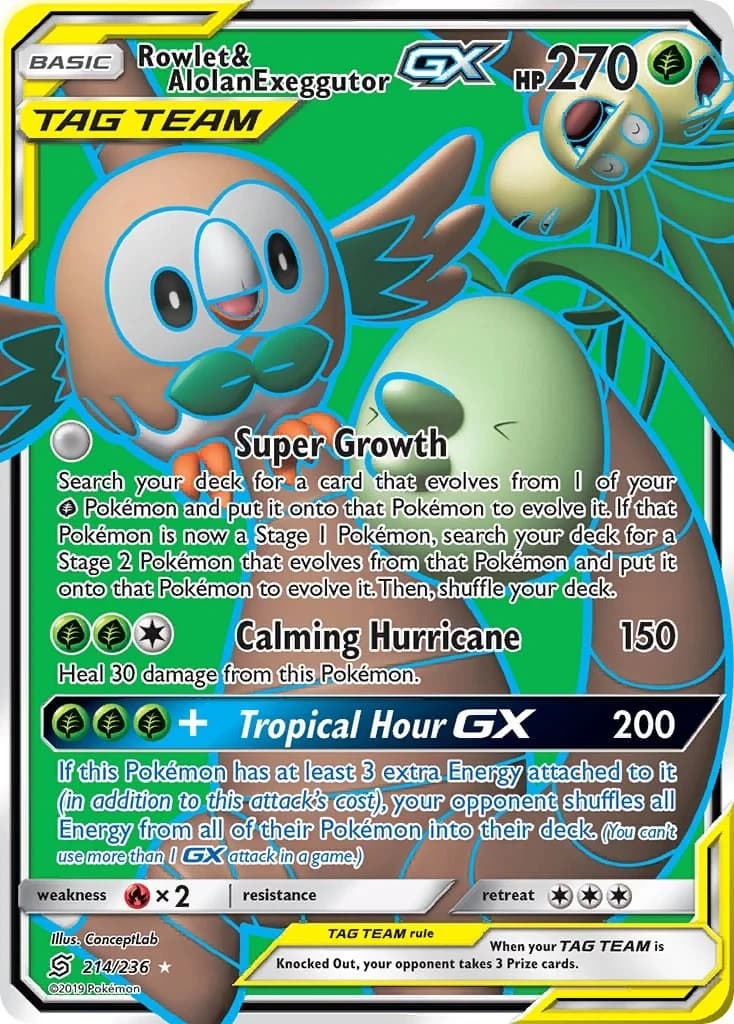 Rowlet & Alolan Exeggutor GX Unified Minds 214 Pokémon card