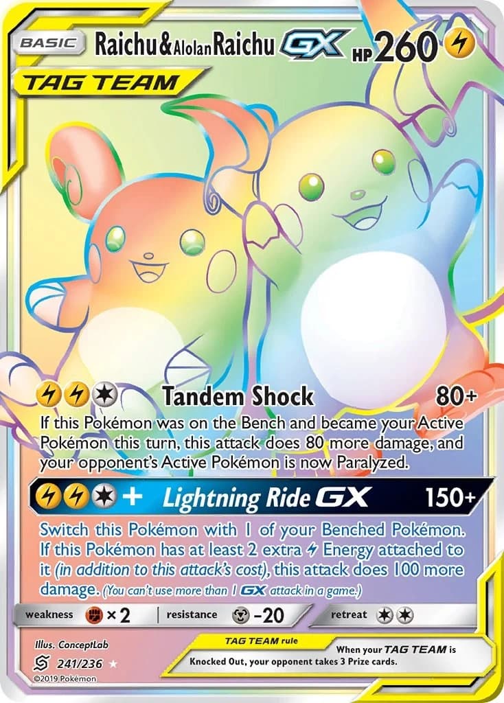 Raichu & Alolan Raichu GX Unified Minds 241 Pokémon card