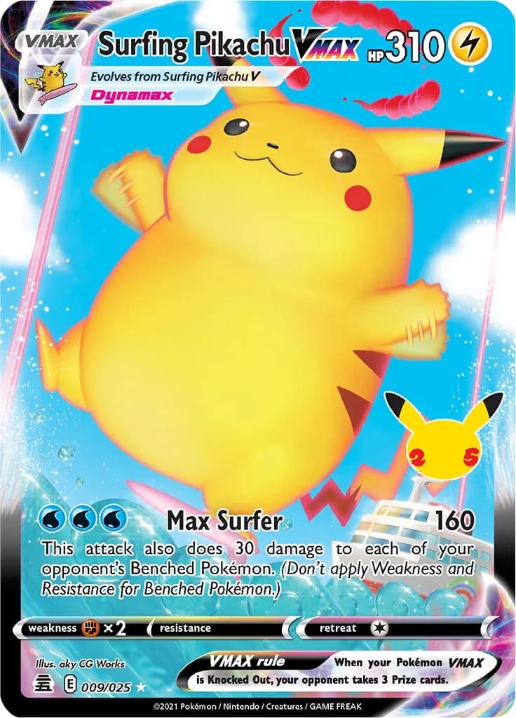 Surfing Pikachu VMAX Celebrations 9 Pokémon card