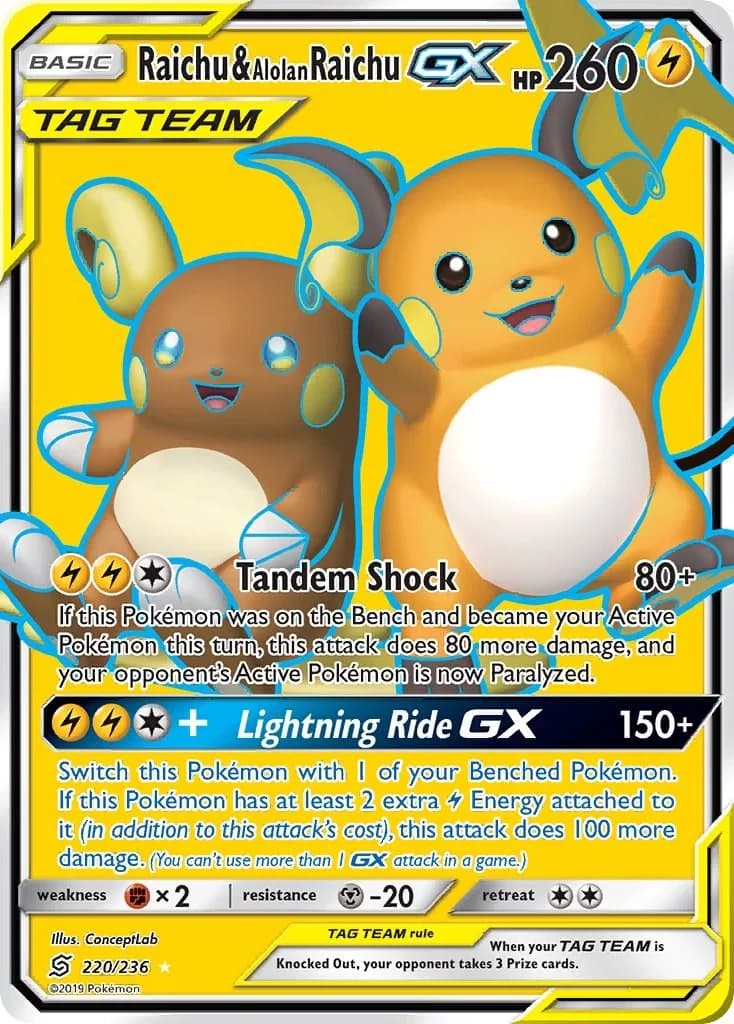Raichu & Alolan Raichu GX Unified Minds 220 Pokémon card