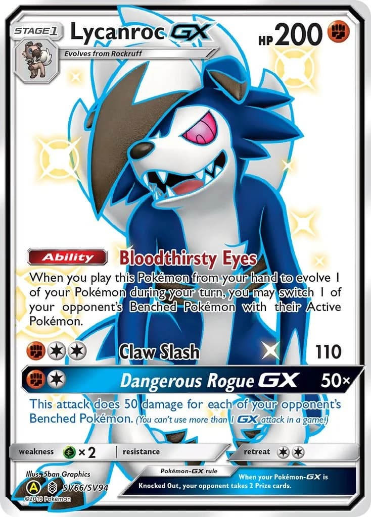 Lycanroc GX Hidden Fates SV66 Pokémon card