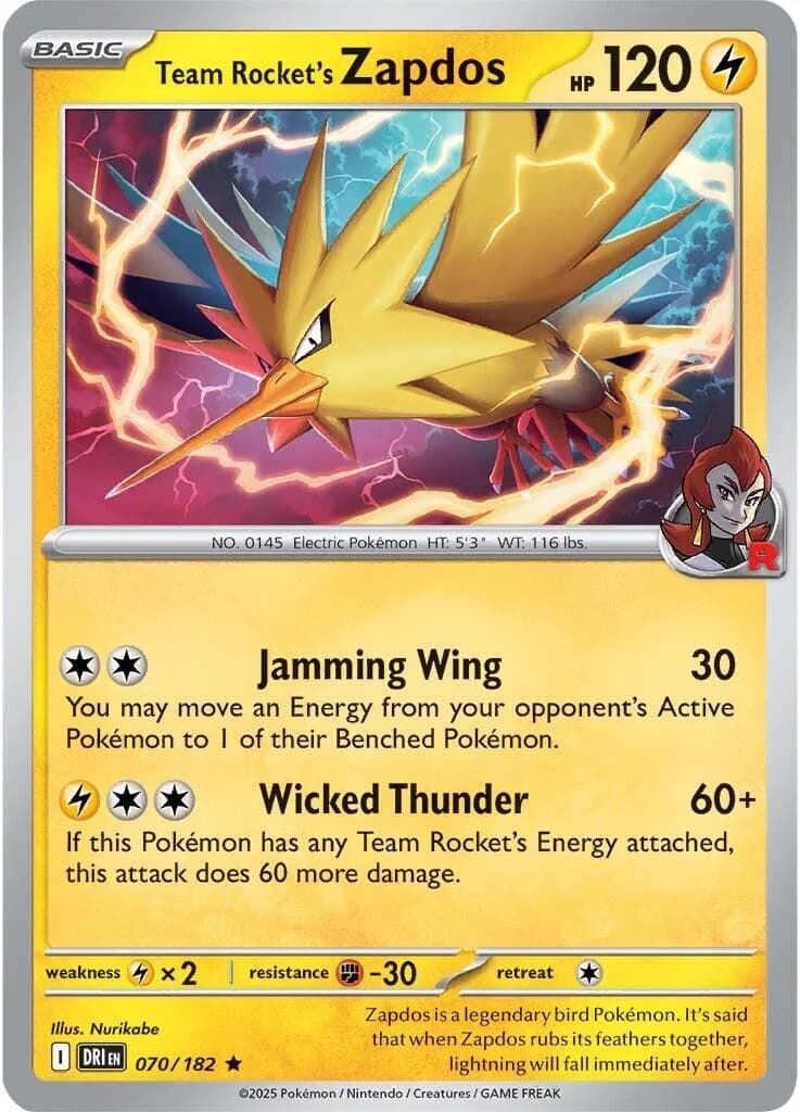 Team Rocket's Zapdos Destined Rivals 70 Pokémon card
