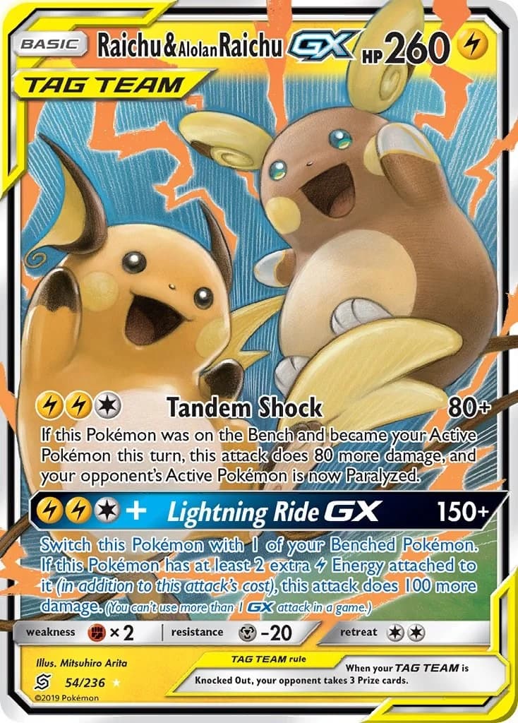 Raichu & Alolan Raichu GX Unified Minds 54 Pokémon card